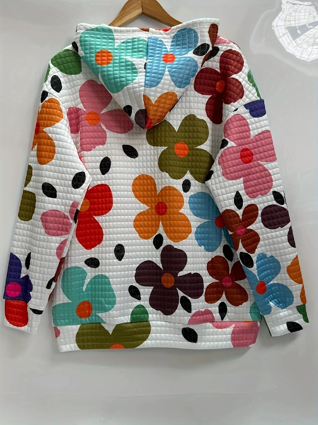 Floral Print Textured Drawstring Hoodie OutfitFlow