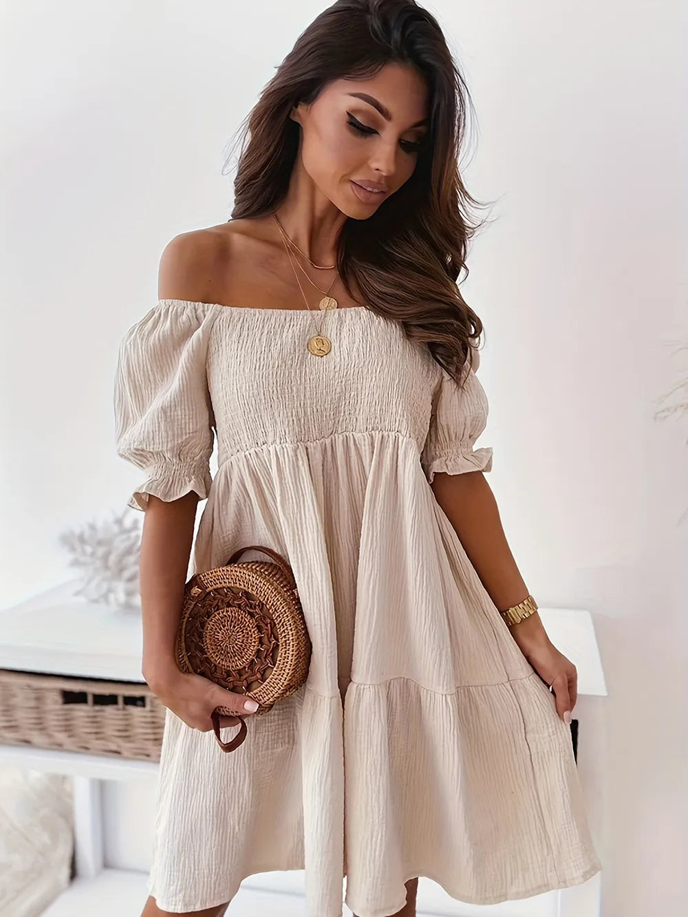 Full Size Ruffled Off-Shoulder Short Sleeve Dress Beige OutfitFlow