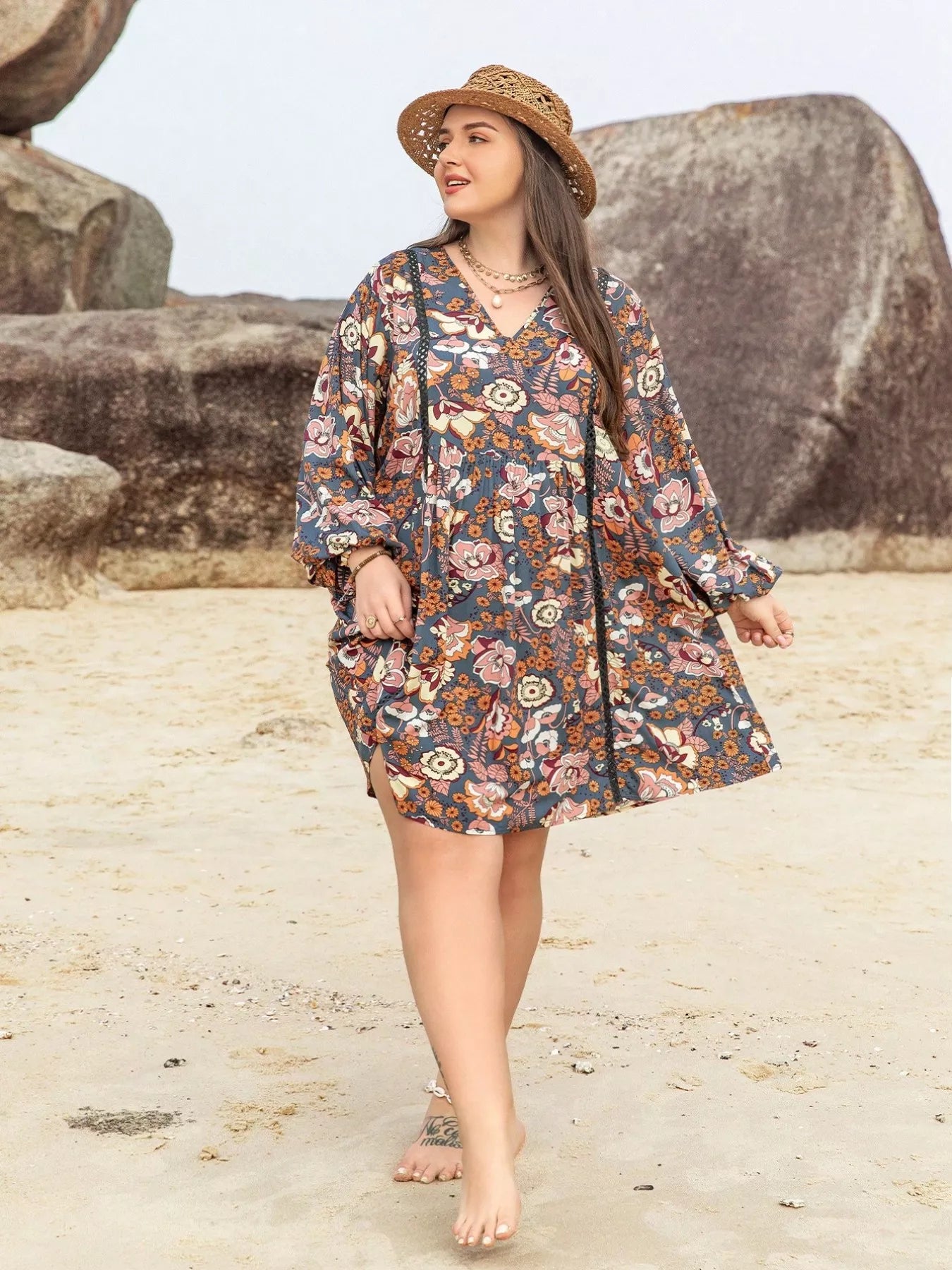 Plus Size Floral Print Long Sleeve Mini Dress OutfitFlow