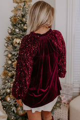 Outfit Flow - Sequin Notched Long Sleeve Blouse