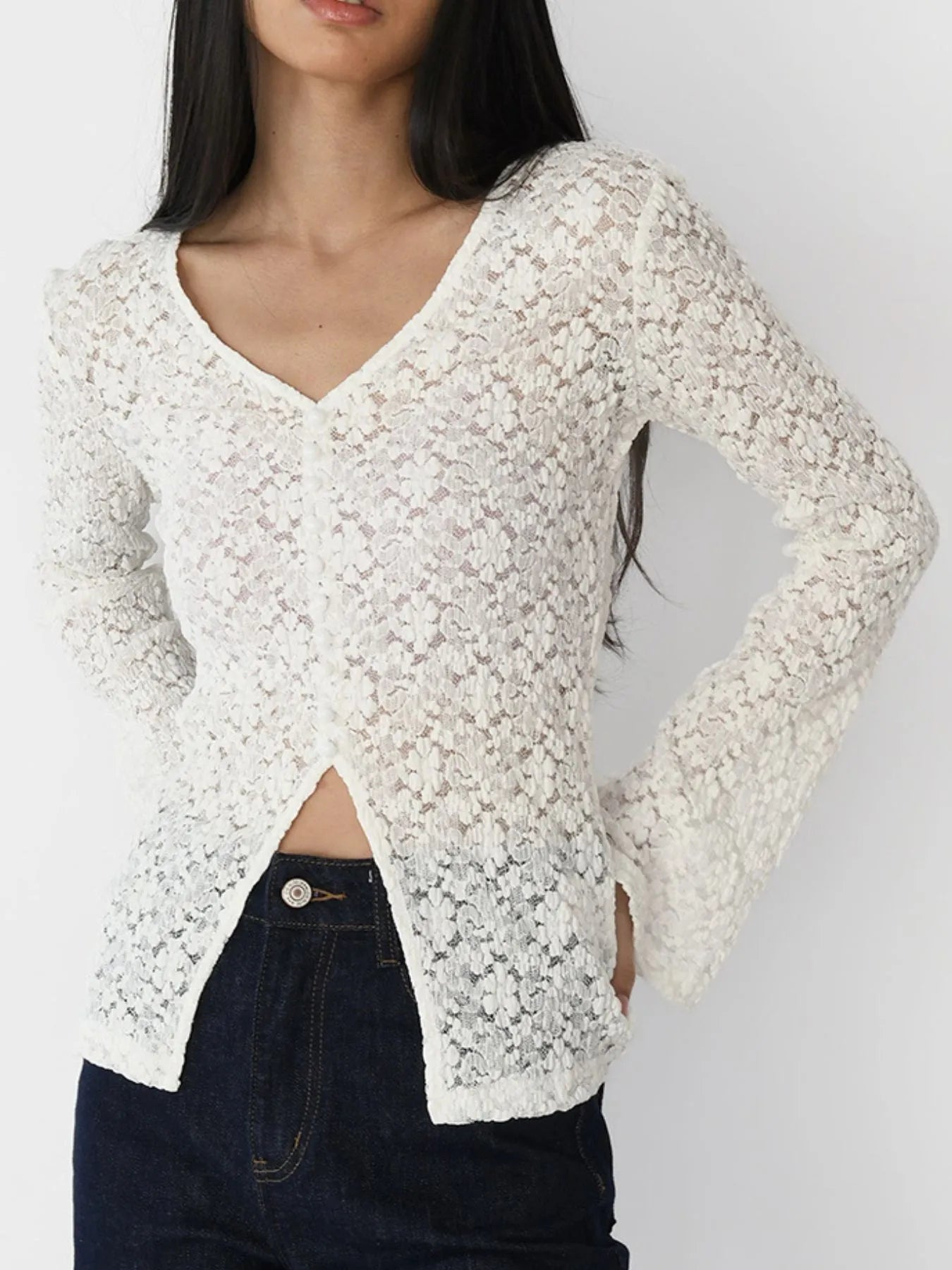 Lace V-Neck Flare Sleeve T-Shirt OutfitFlow