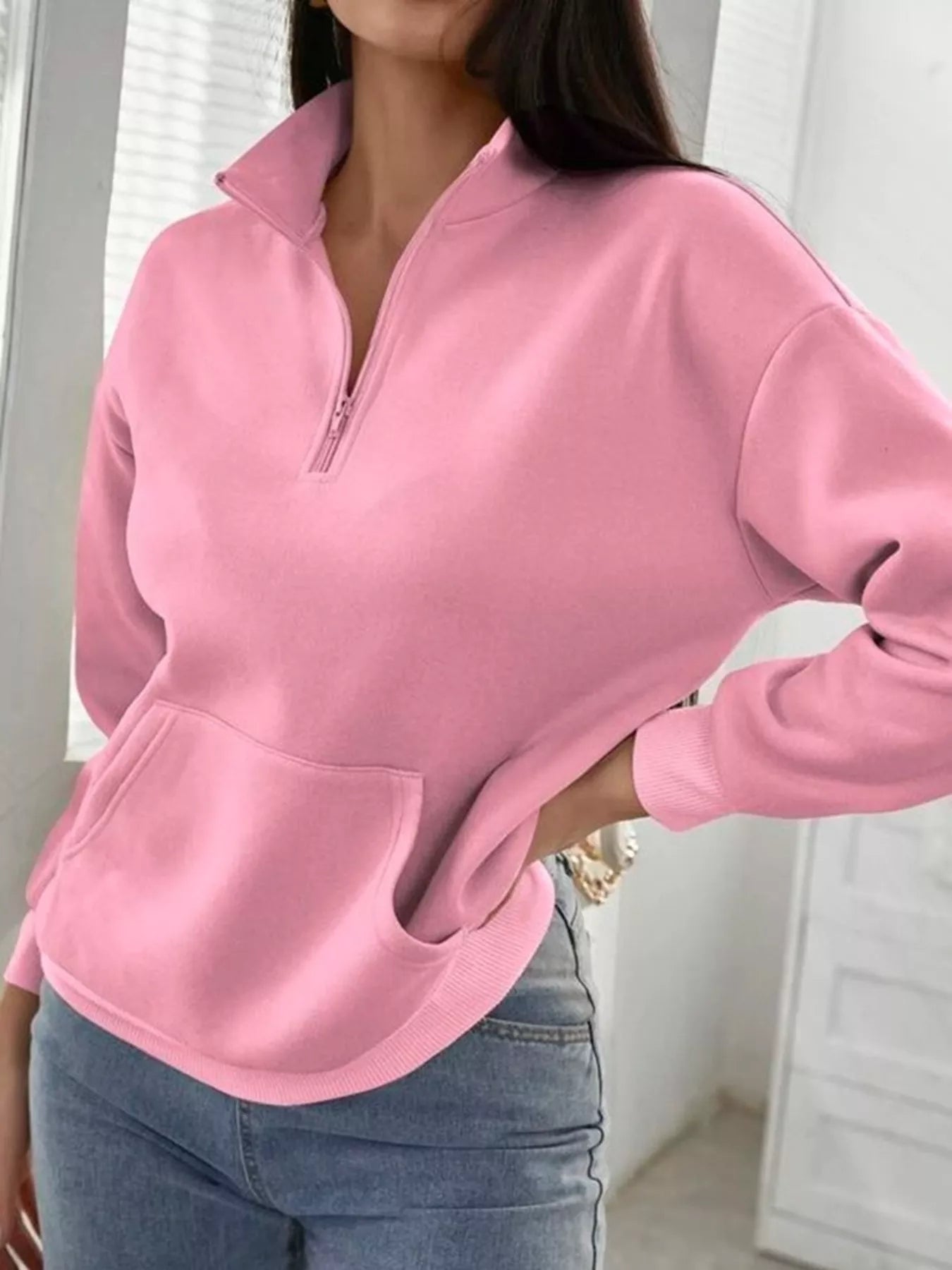Zip-Up Collar Sweatshirt with Pocket Pink OutfitFlow