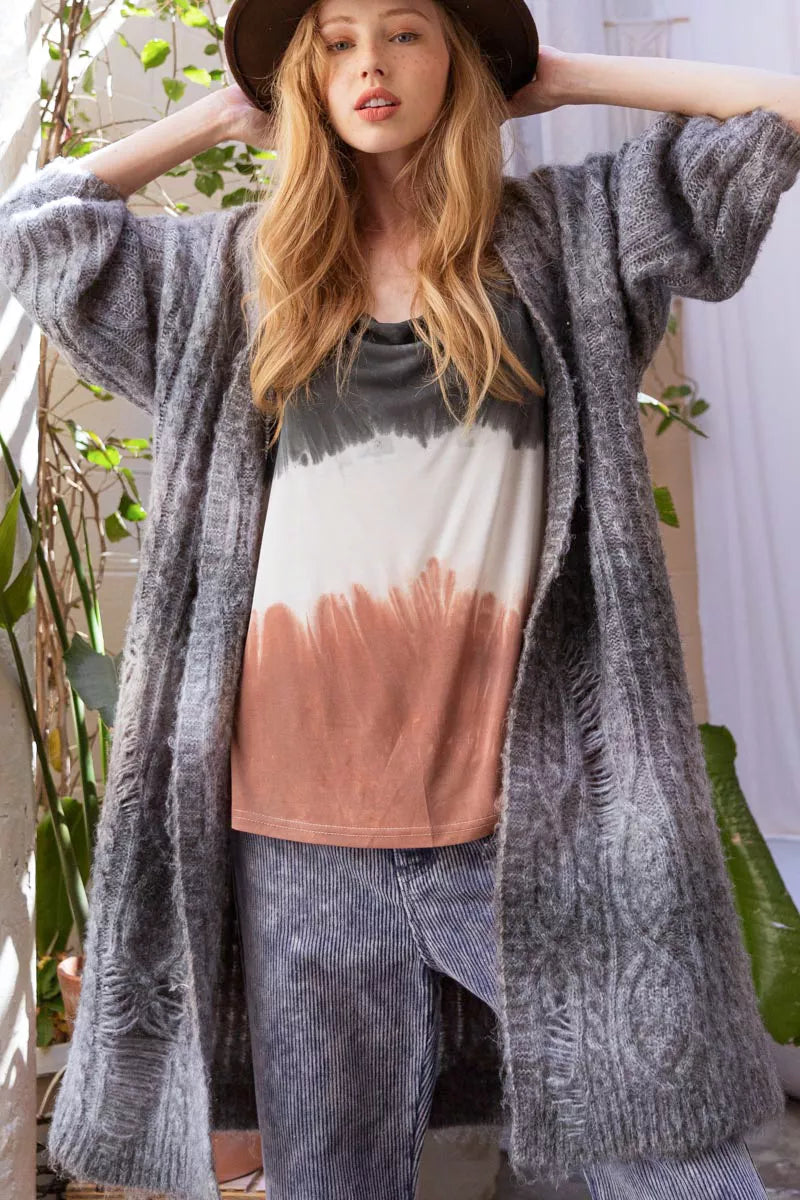 POL Distressed Cable-Knit Ombre Dying Cardigan Trendsi