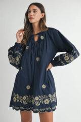 MABLE Embroidered Long Sleeve Peasant Mini Dress OutfitFlow