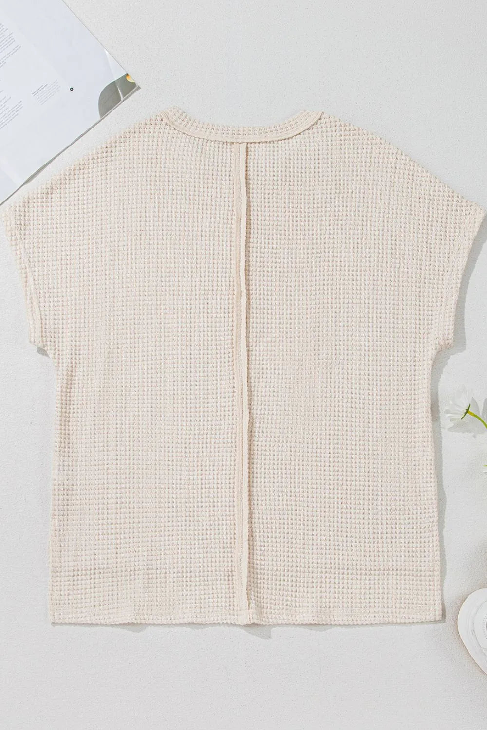 Solid Color Textured Seamed Short Sleeve Top OutfitFlow
