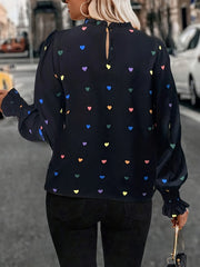 Colorful Heart Print Lantern Sleeve Blouse OutfitFlow