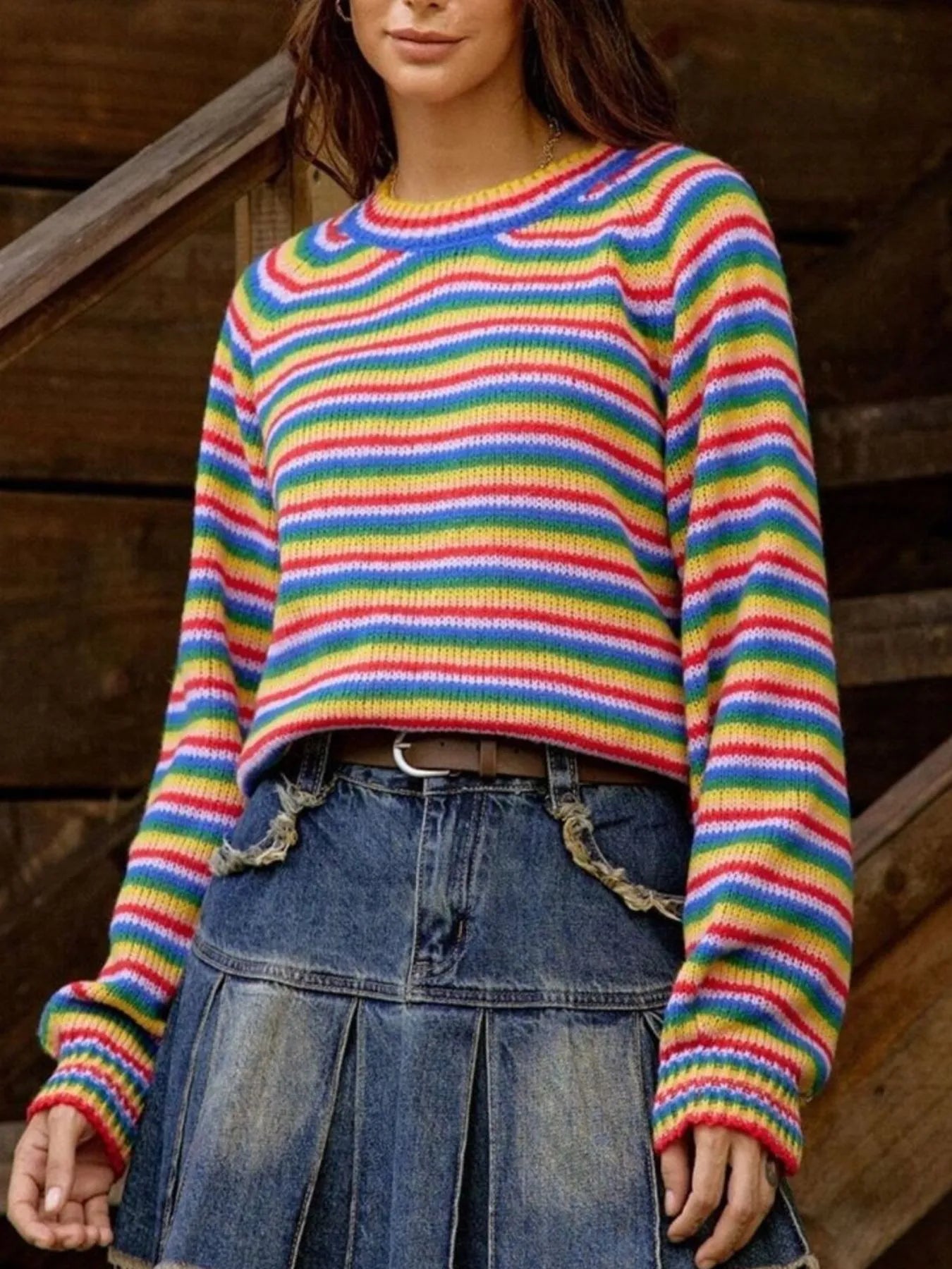 Rainbow Striped Pullover Sweater OutfitFlow