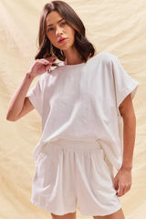 SO ME Round Neck Short Sleeve Top and Shorts Set OFF WHITE OutfitFlow