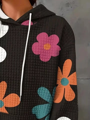 Floral Print Textured Drawstring Hoodie OutfitFlow