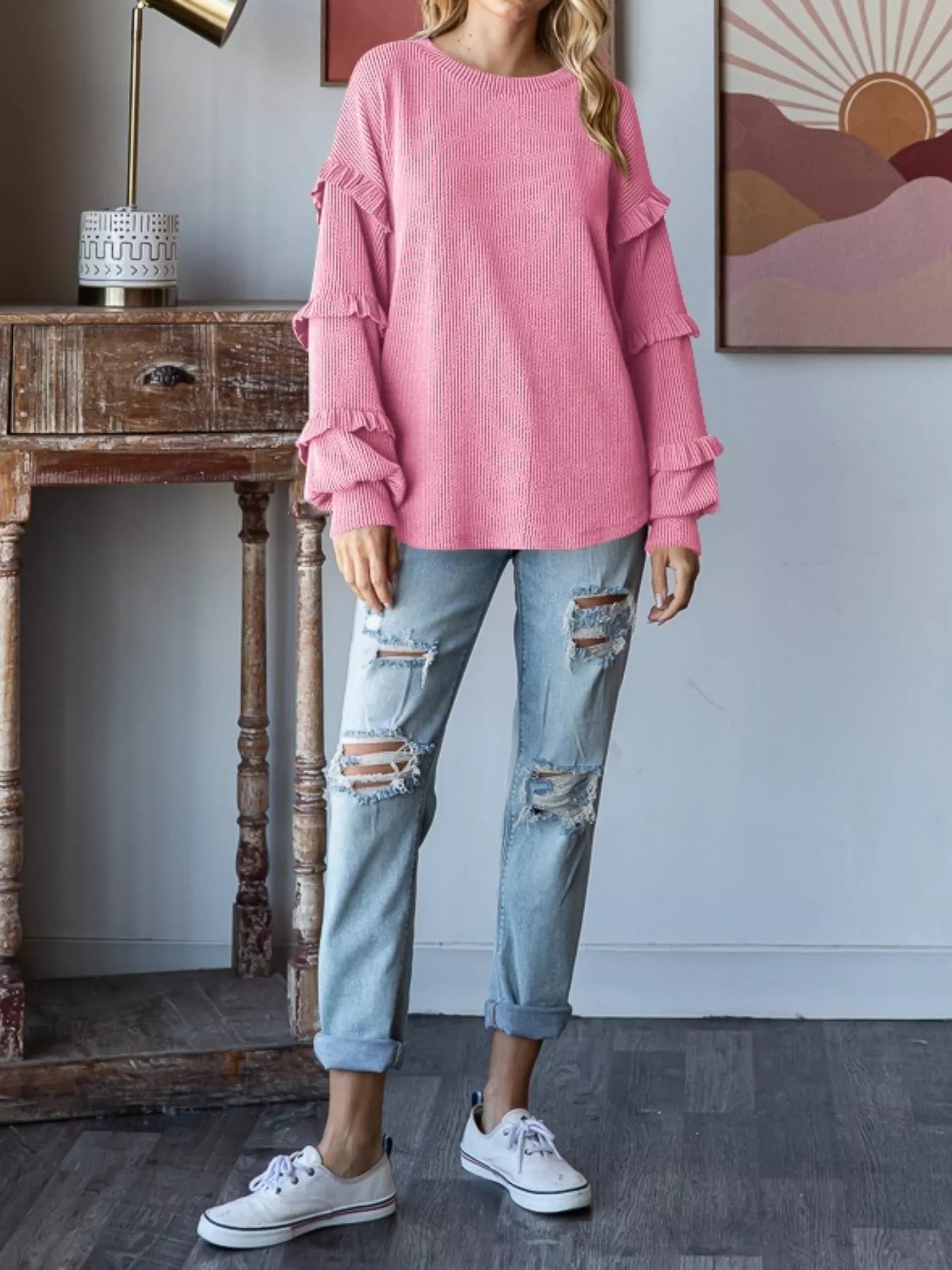 Ruffle Trim Long Sleeve Ribbed Top OutfitFlow