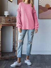Ruffle Trim Long Sleeve Ribbed Top OutfitFlow