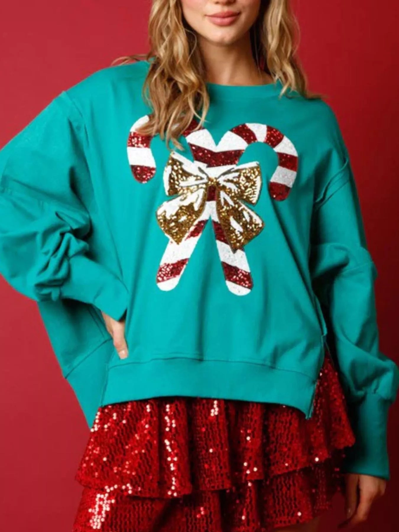 Christmas Candy Cane Bow Dropped Shoulder Sweatshirt OutfitFlow