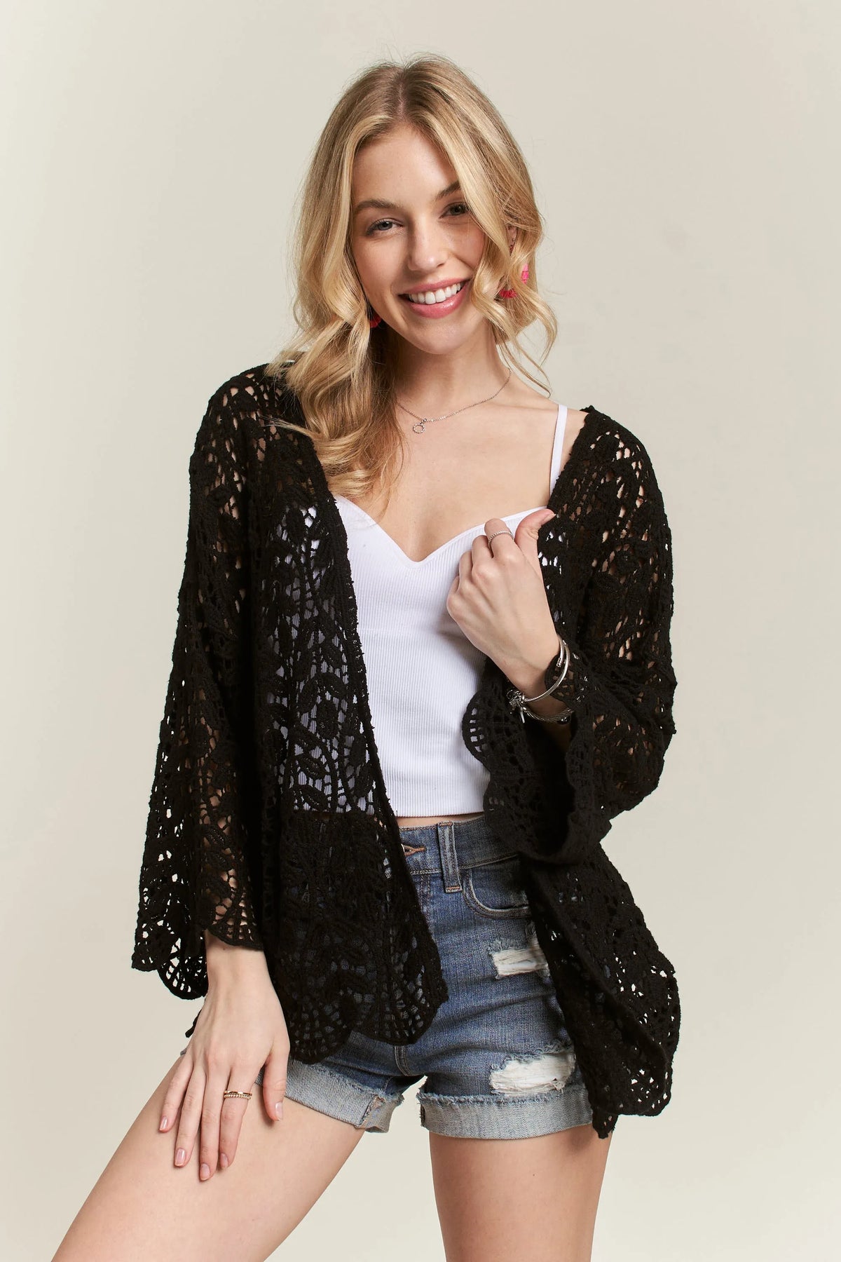 ADORA Leaf Pattern Crochet Cardigan BLACK OutfitFlow