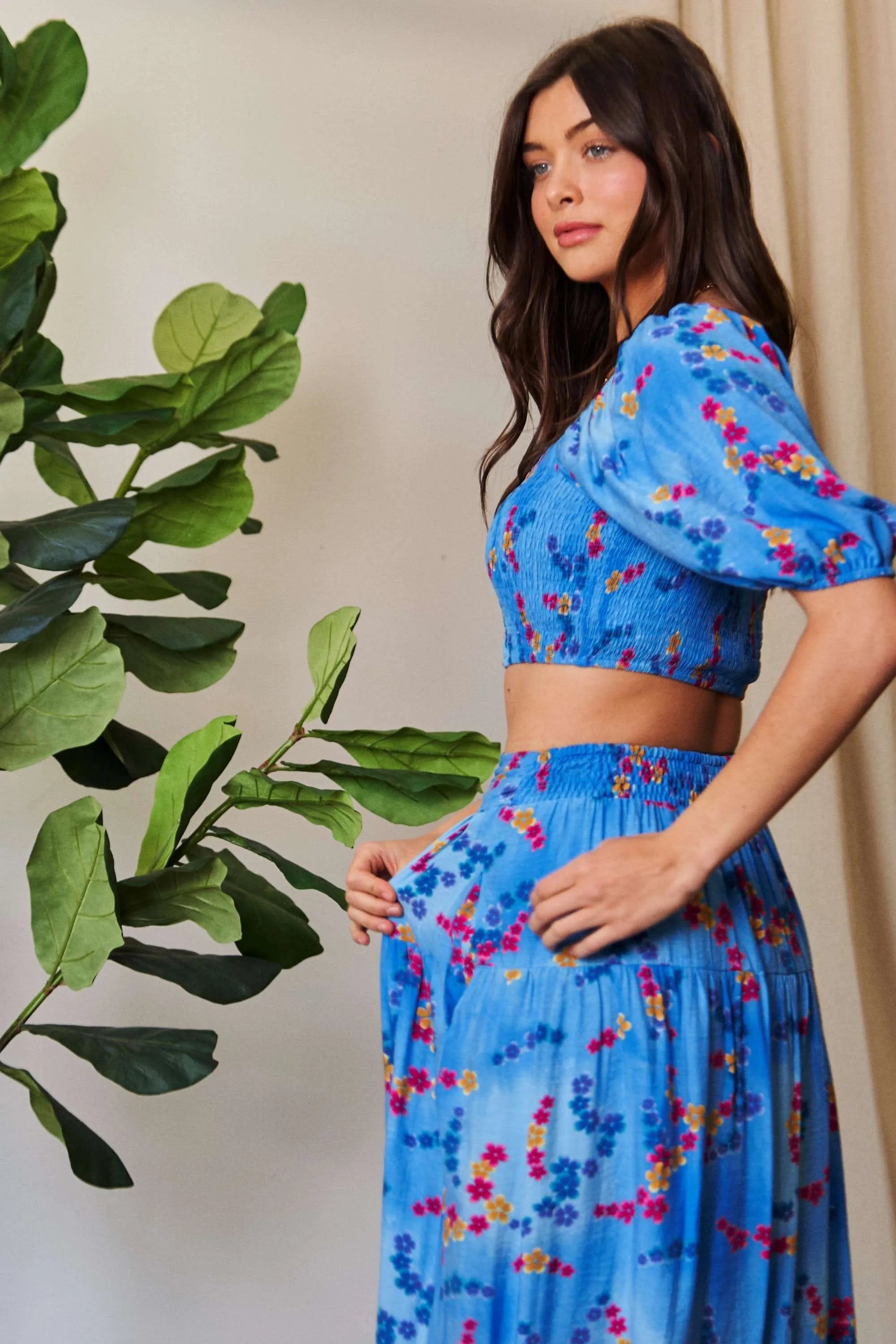 Davi & Dani Smocing Bodice Puff Short Sleeve Printed Crop Top OutfitFlow