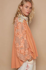 POL Floral Half Button Lace Detail Long Sleeve Top OutfitFlow