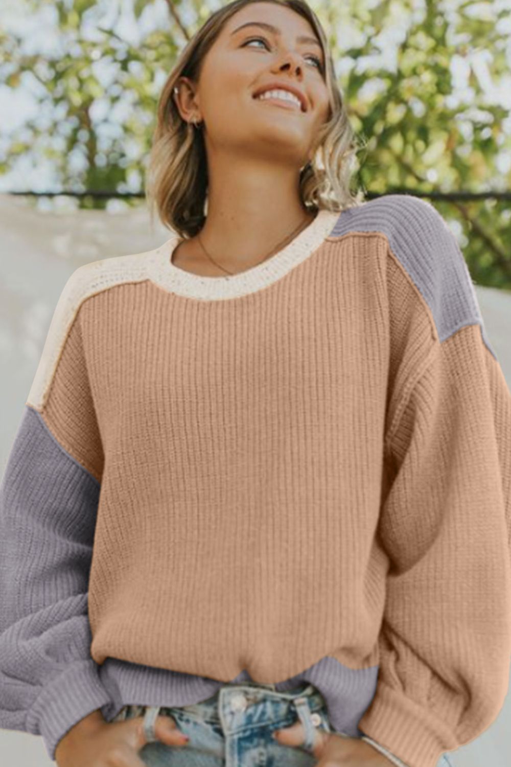 Outfit Flow - Color Block Round Neck Drop Shoulder Sweater