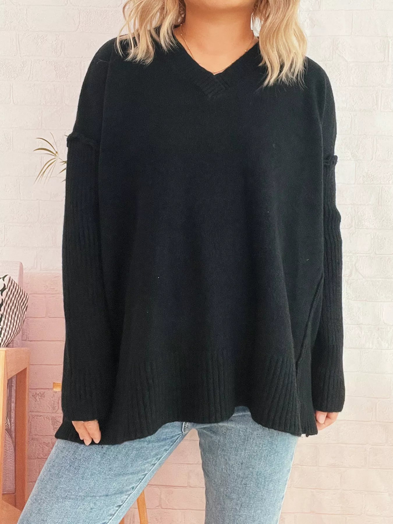 V-Neck Dropped Shoulder Sweater Black One Size OutfitFlow