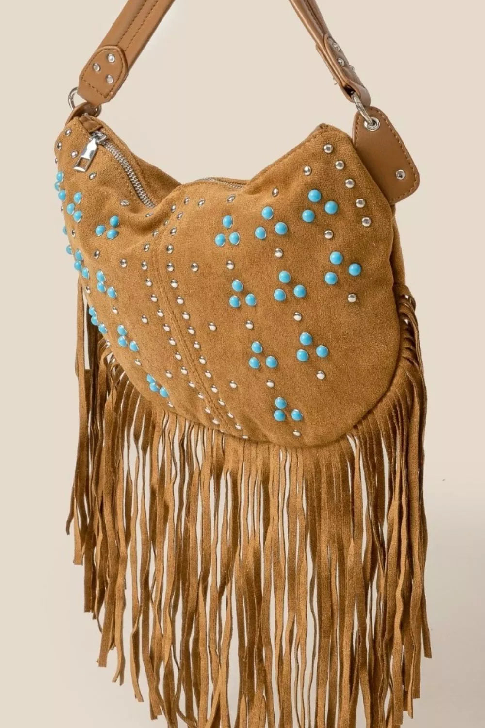 Fame Studded Pattern Multi Fringe Hobo Shoulder Bag OutfitFlow