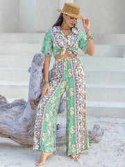 Outfit Flow - Printed Half Sleeve Top and Wide Leg Pants Set