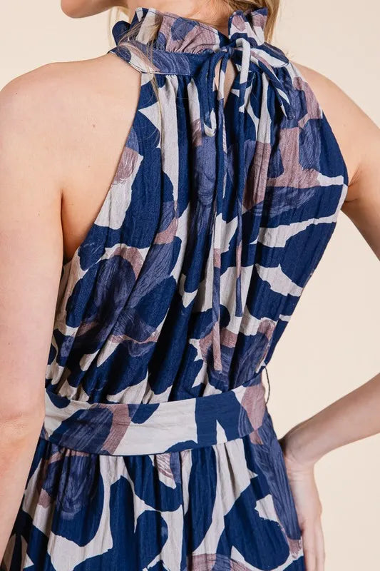 Lime 'N' Chili Abstract Halter Neck Tie-Waist Tiered Maxi Dress OutfitFlow