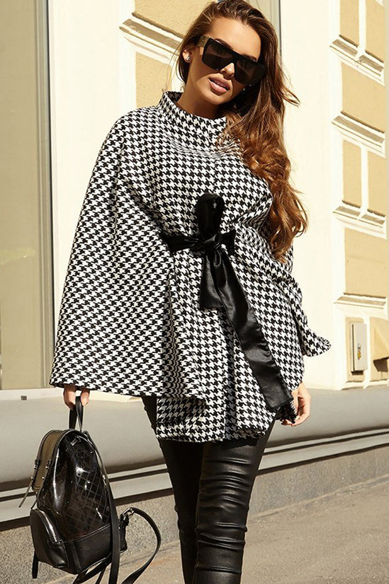 Houndstooth Tie Waist Trench Coat Trendsi