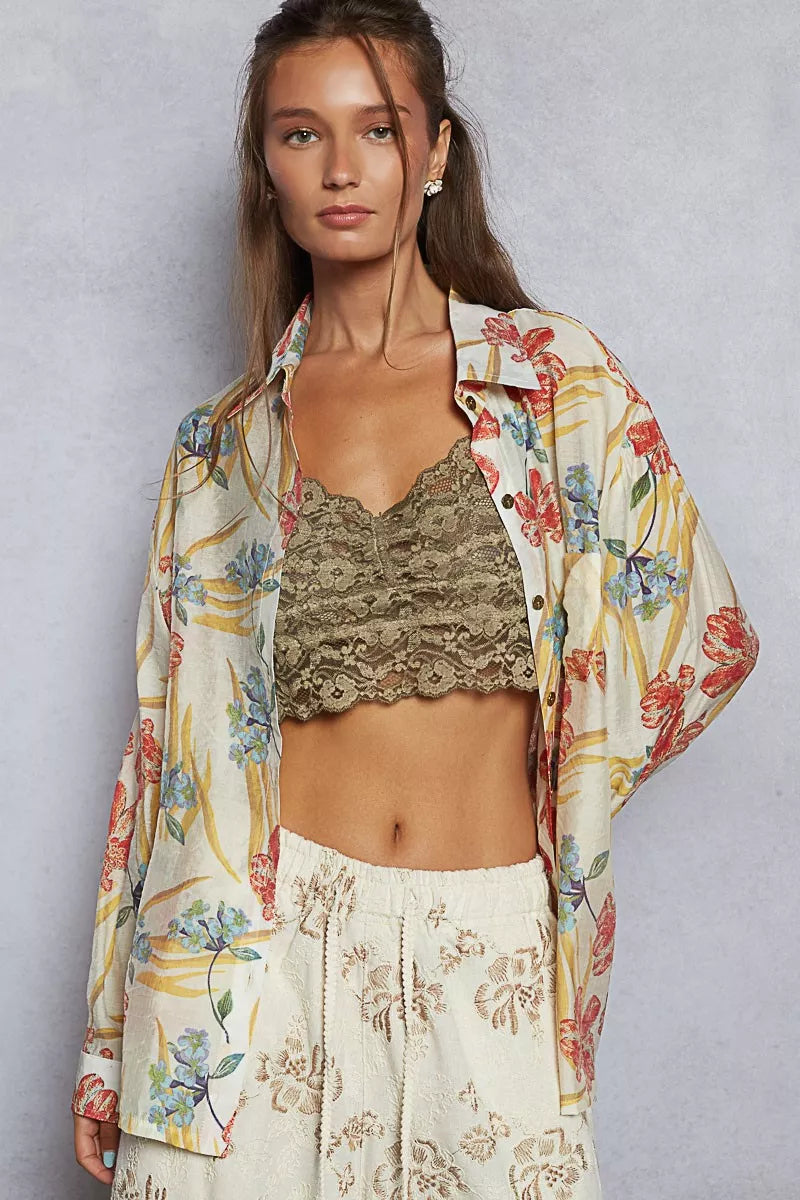 POL Floral Print Button Down Long Sleeve Shirt OutfitFlow