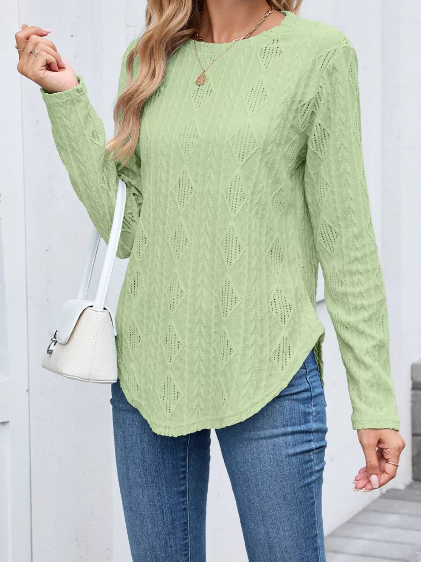Diamond Pattern Knit Long Sleeve T-Shirt Trendsi
