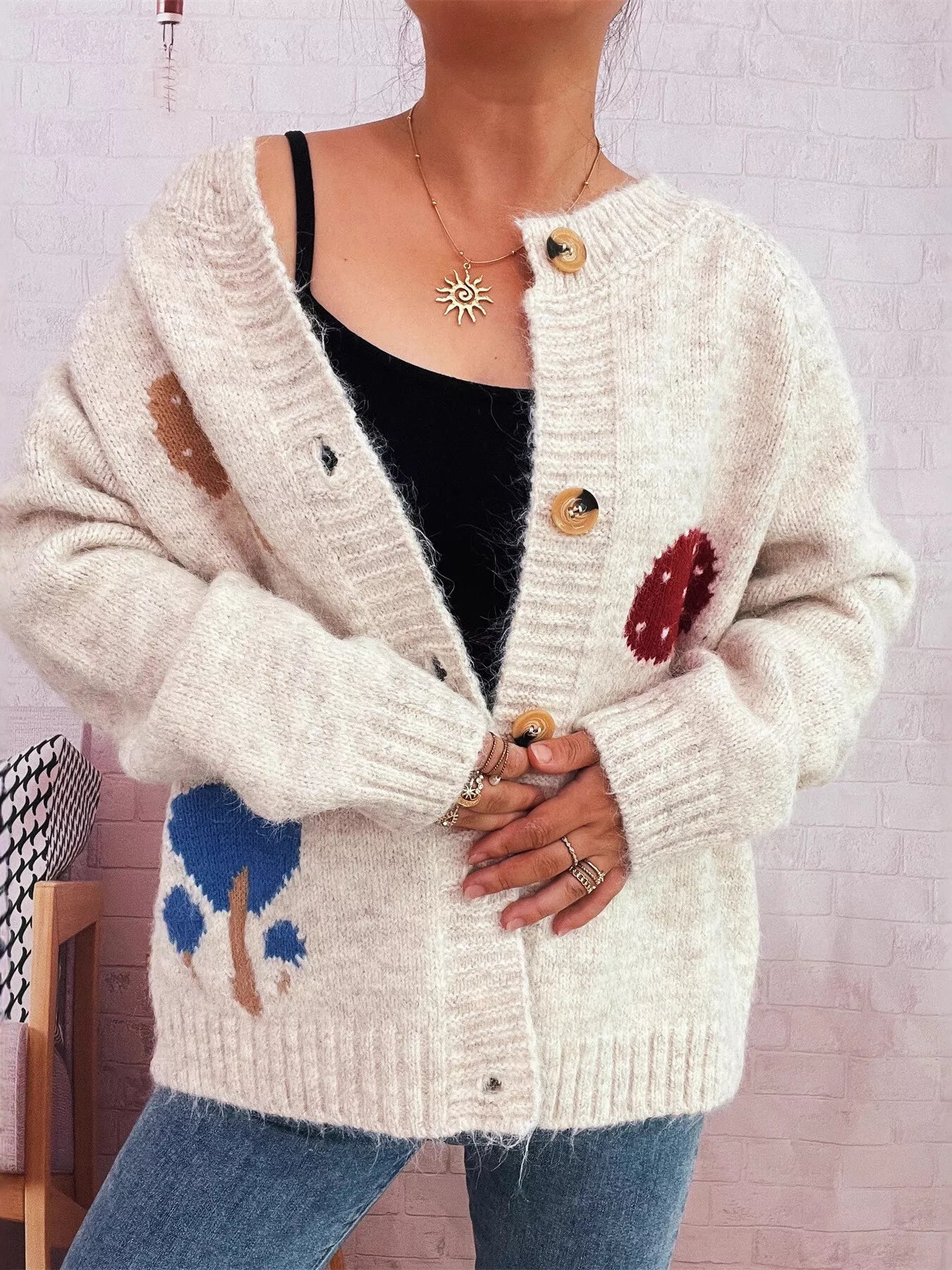 Mushroom Pattern Button-Up Cozy Knit Cardigan OutfitFlow
