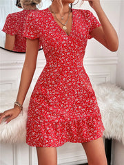 Printed Ruffled Hem V-Neck Short Sleeve Mini Dress OutfitFlow