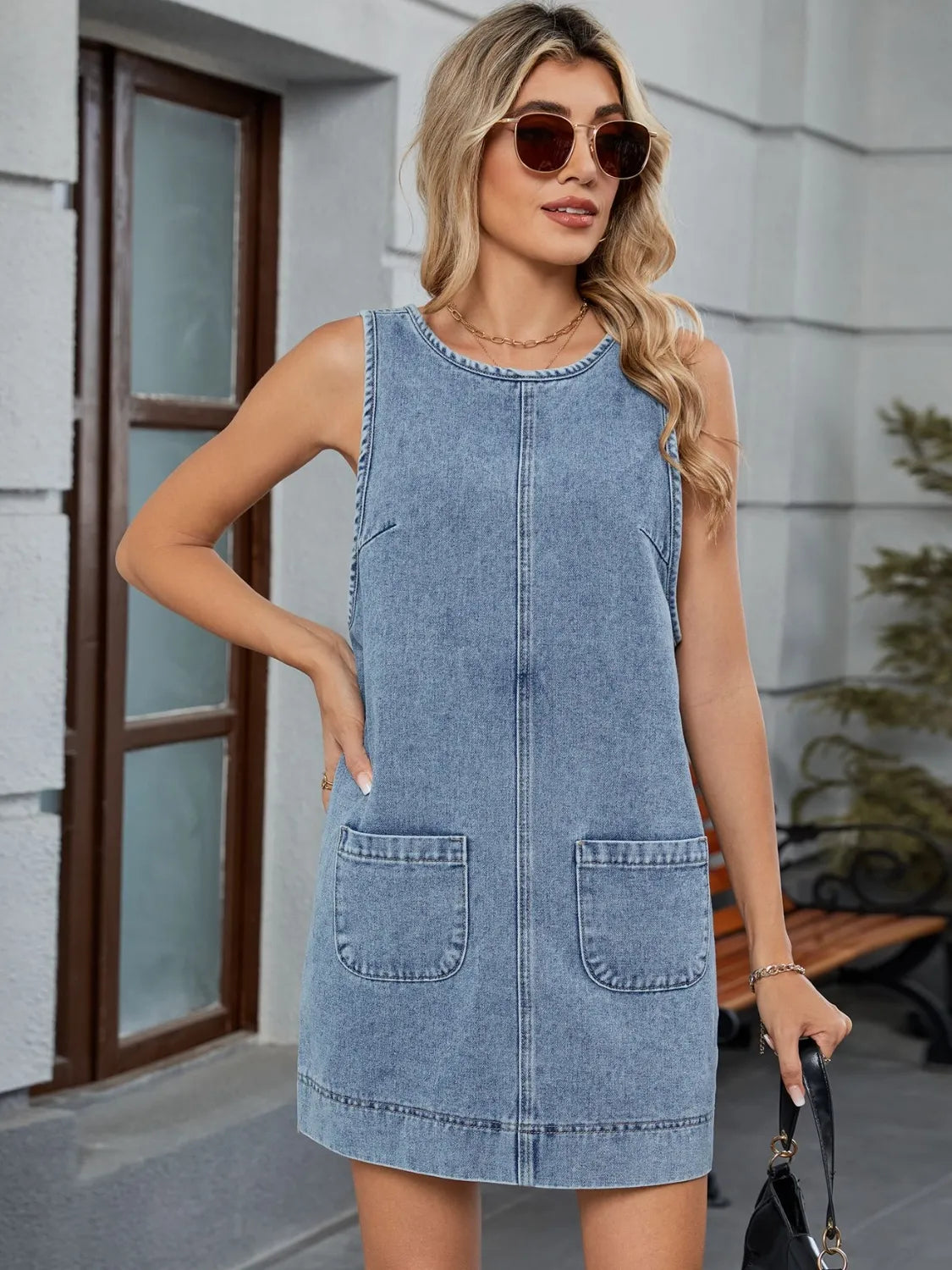 Round Neck Denim Overall Dress OutfitFlow