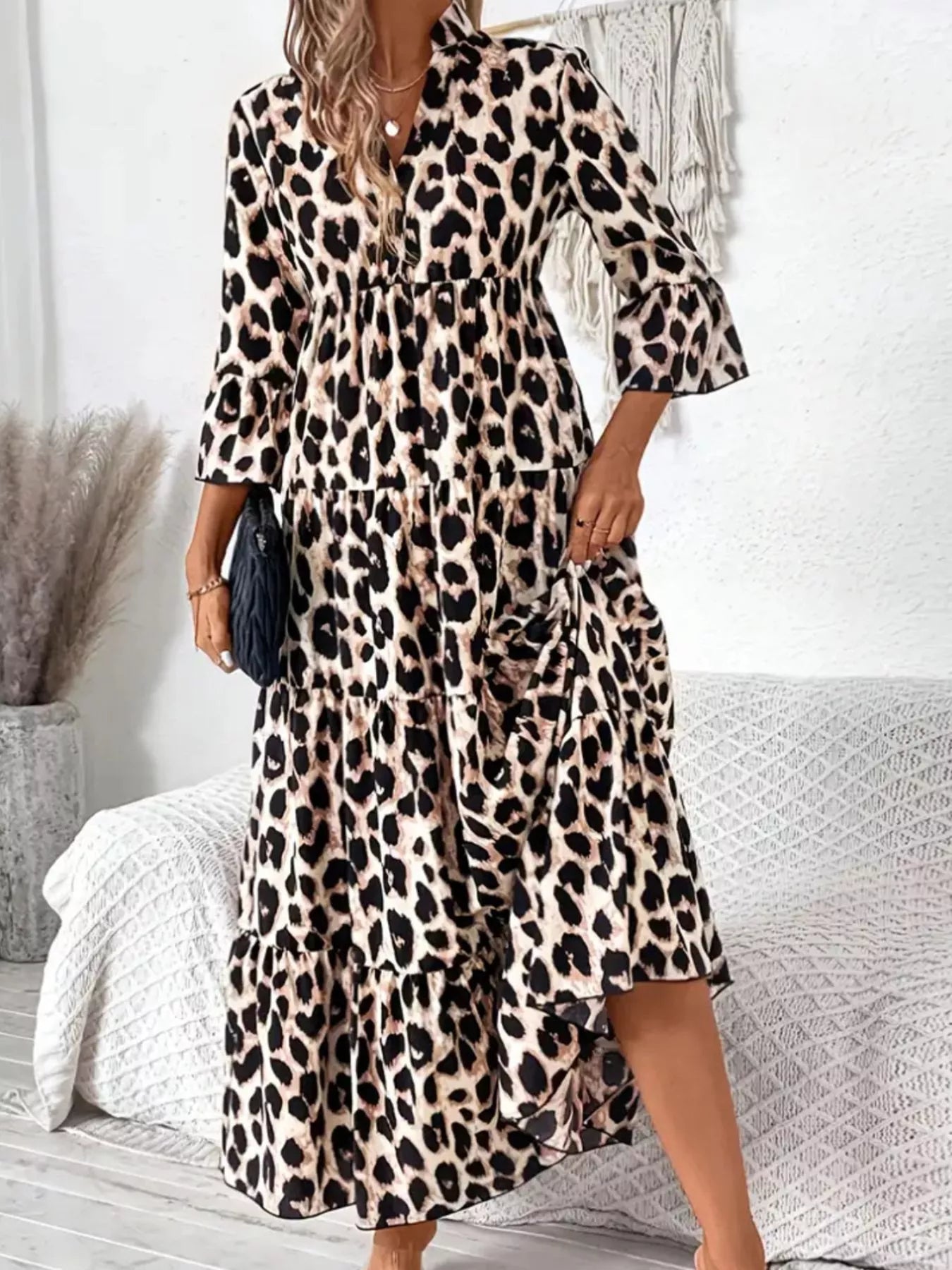 Leopard 3/4 Sleeve Midi Dress OutfitFlow