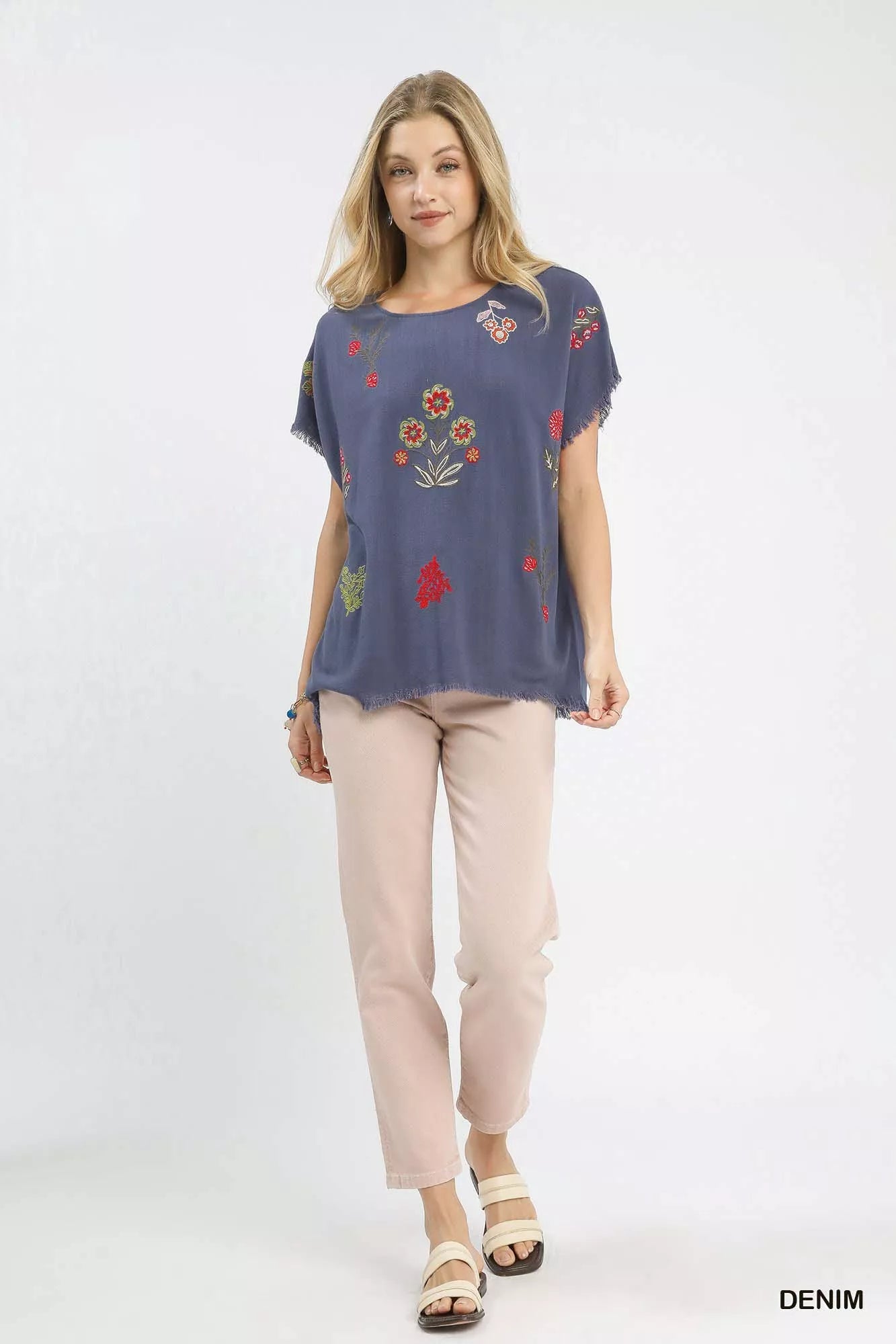 Umgee Linen Blend Embroidered Frayed Hem Top OutfitFlow