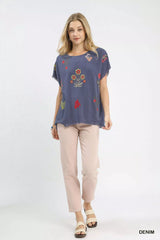 Umgee Linen Blend Embroidered Frayed Hem Top OutfitFlow