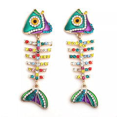 Rhinestone Colorful Fish Bone Statement Earrings OutfitFlow