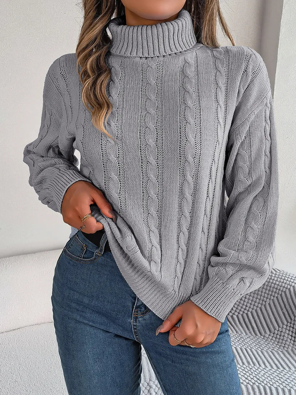Cable-Knit Turtleneck Dropped Shoulder Sweater Dark Gray Trendsi
