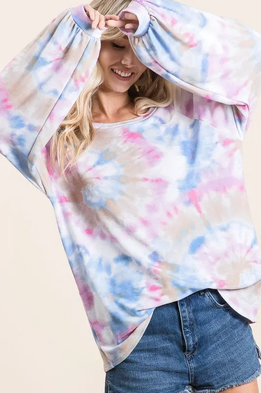 BiBi Tie Dye Print Terry Top With Puff Sleeves OutfitFlow