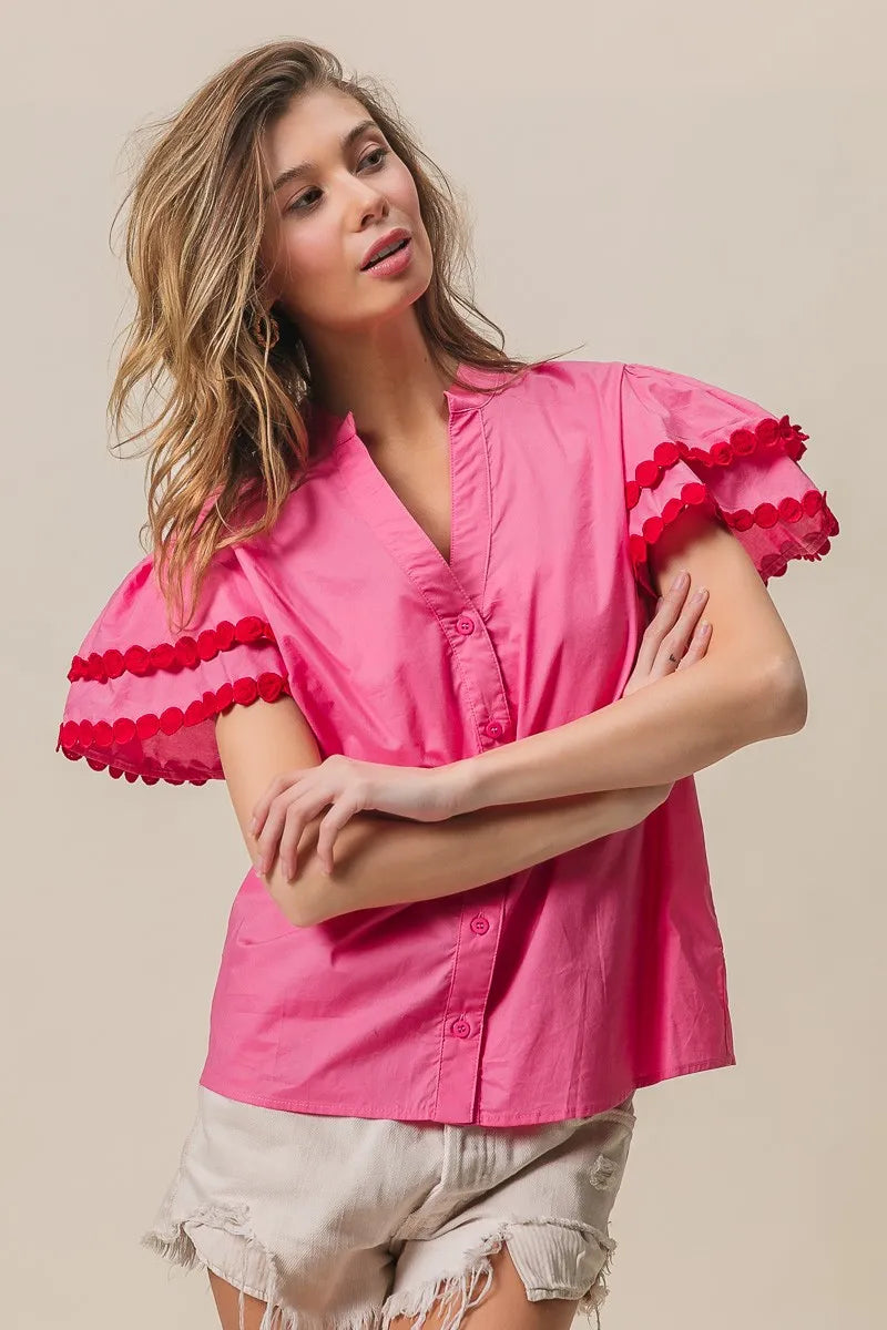 BiBi Dot Trim Flutter Sleeve Notched Top OutfitFlow