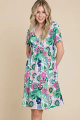 BOMBOM Ruched Floral V-Neck Short Sleeve Dress OutfitFlow