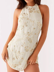Backless Embroidered Halter Neck Mini Dress Milky White OutfitFlow