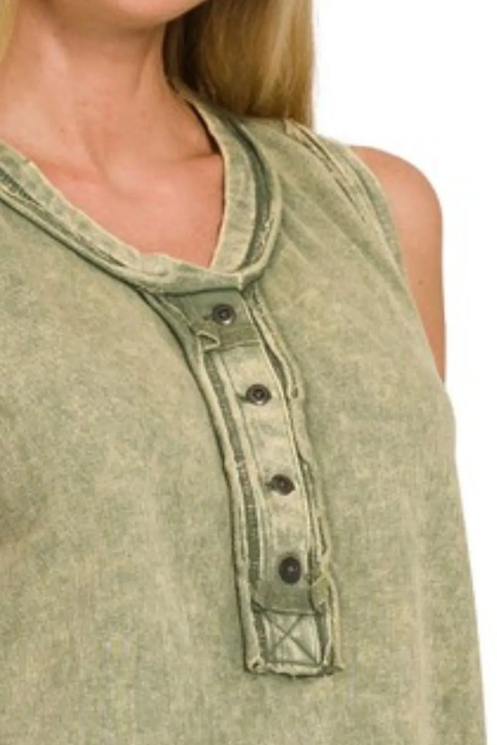 Zenana Washed Half-button Raw Edge Sleeveless Henley Top OutfitFlow