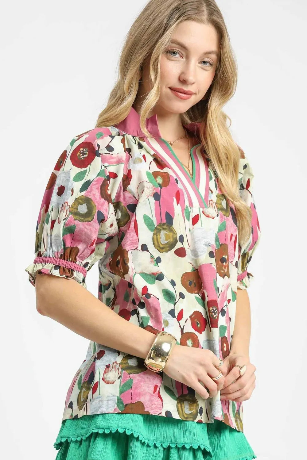 Umgee Floral Print Puff Sleeve Oversized Blouse OutfitFlow