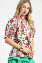 Umgee Floral Print Puff Sleeve Oversized Blouse OutfitFlow