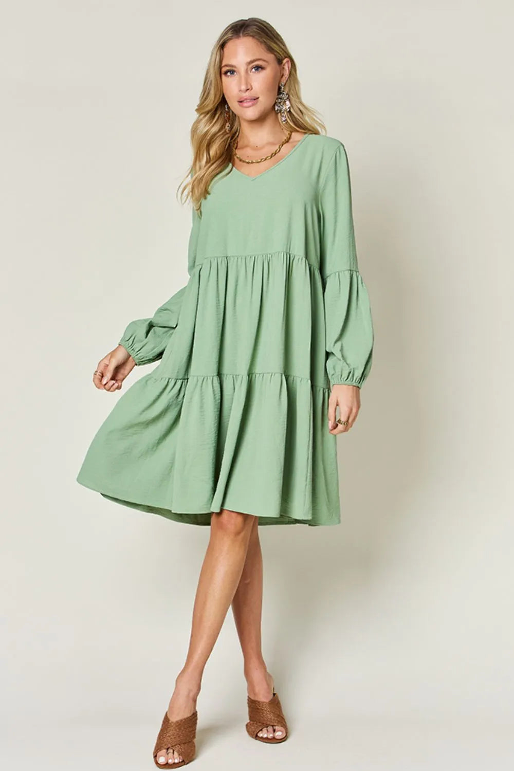 Double Take Full Size V-Neck Balloon Sleeve Tiered Dress with Pockets OutfitFlow