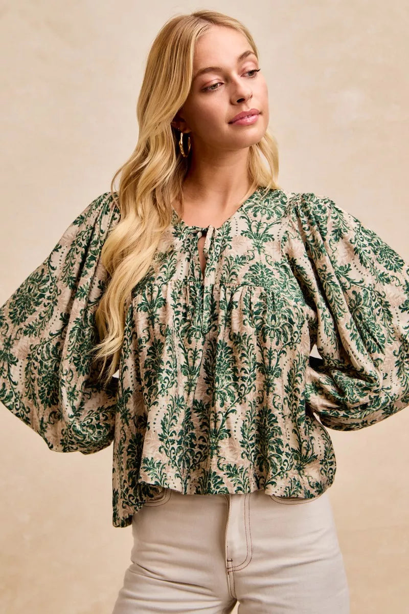 BiBi Printed Woven Front Tied Blouse with Baloon Sleeve OutfitFlow