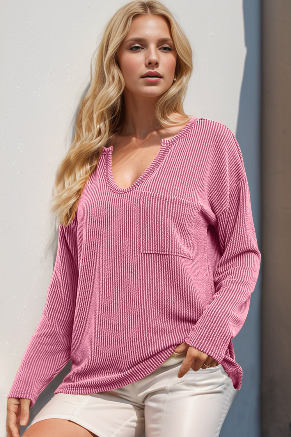 Double Take Striped Notched Long Sleeve T-Shirt Pink OutfitFlow