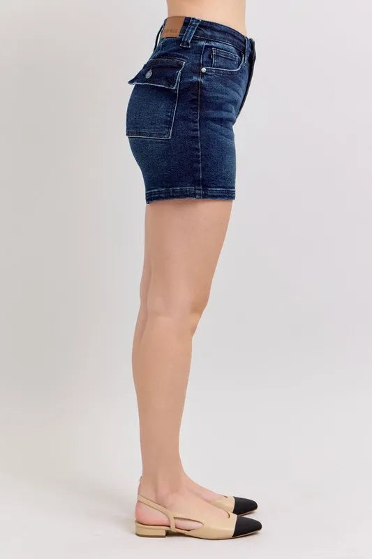 Judy Blue Full Size High Waist Back Flap Pocket Denim Shorts Plus Size OutfitFlow