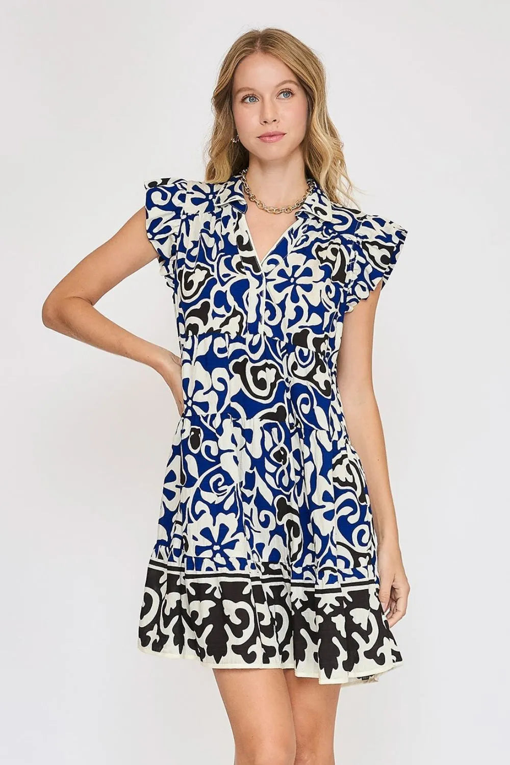 Umgee Floral Ruffled Cap Sleeve Tiered Dress Navy OutfitFlow