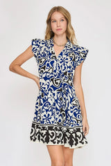 Umgee Floral Ruffled Cap Sleeve Tiered Dress Navy OutfitFlow