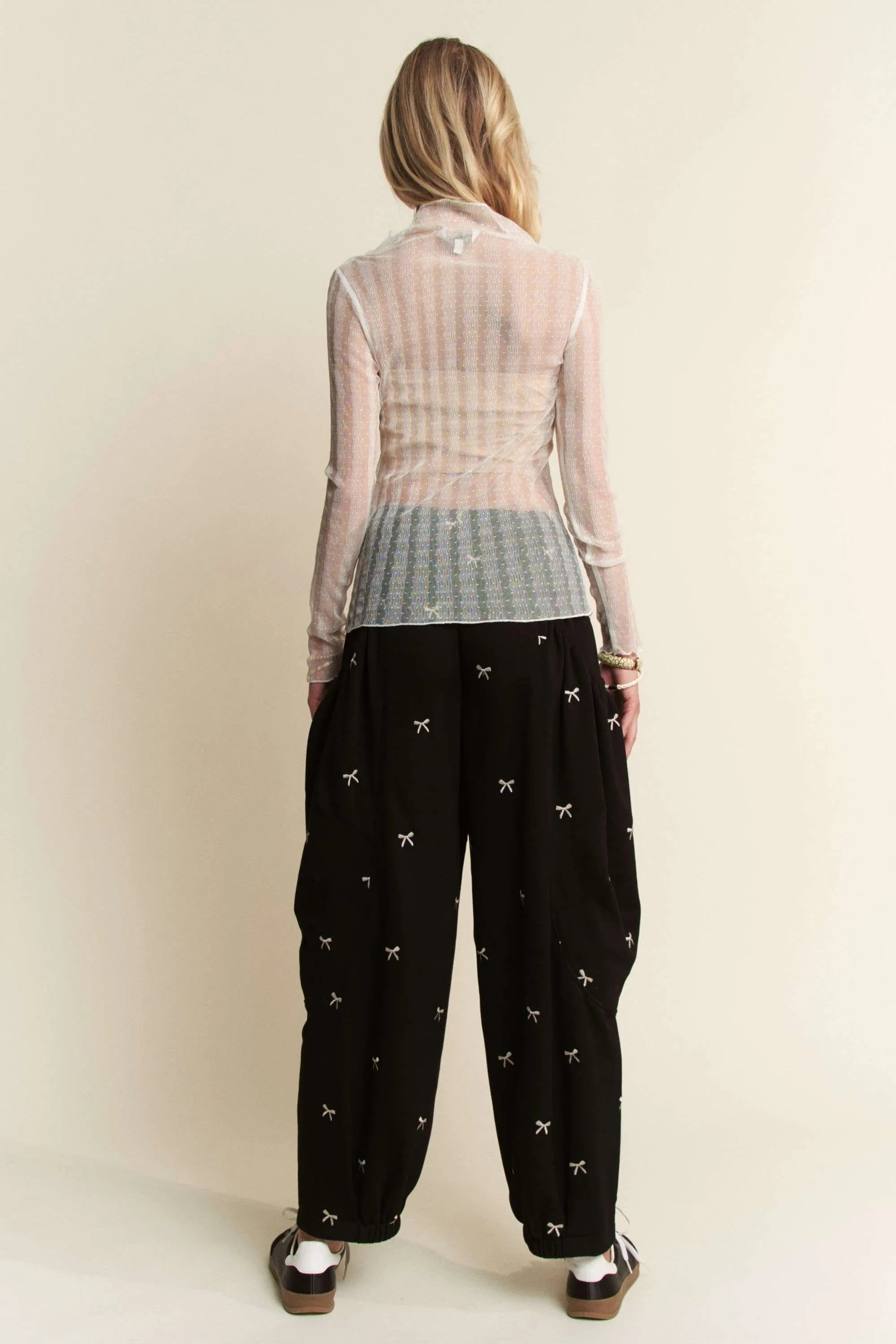 Davi & Dani Turtle Neck Lace Dotted Stretch Mesh Sheer Top OutfitFlow
