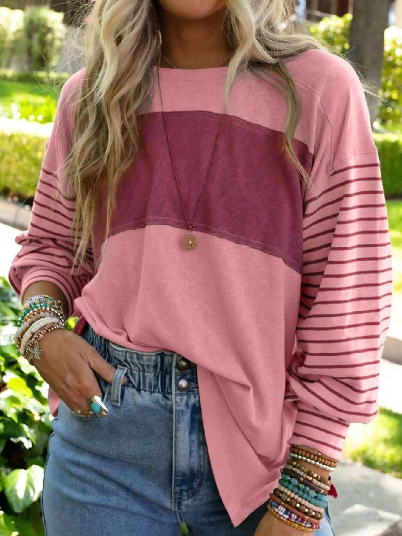 Striped Color Block Long Sleeve T-Shirt Cerise OutfitFlow
